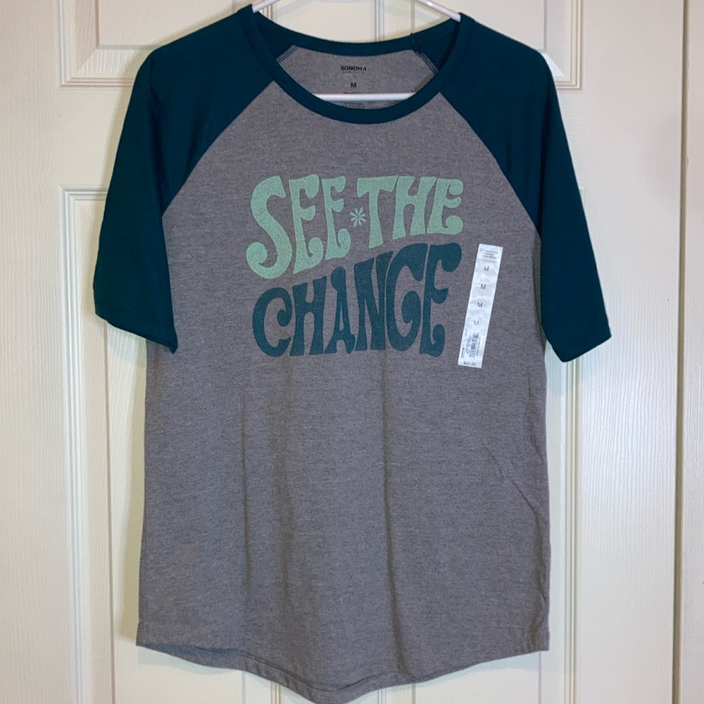 Sonoma See The Change Graphic Tee Green Gray Inspirational Raglan Boho Casual
